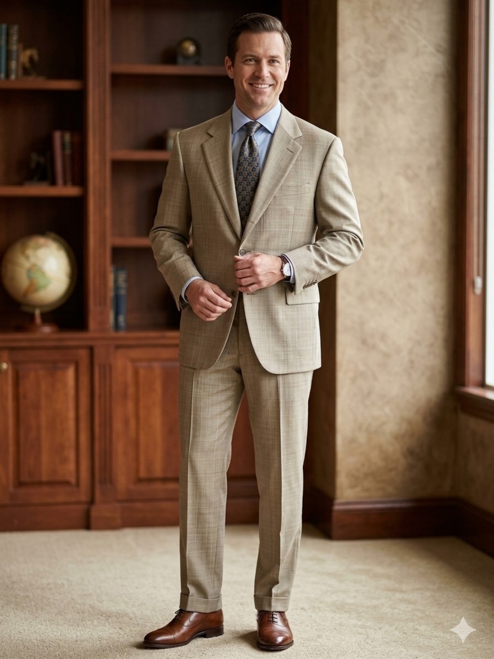 Lands End E.Thomas Super 130s Wool Suit 41R 36R Tan Plaid Italy Fabric Portugal